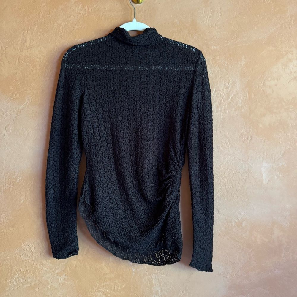Anthropologie Textured Lace Mock Neck Top Dark Brown Ruched Side Long Sleeve S
